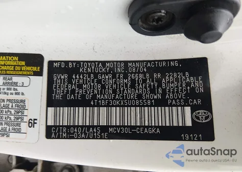 2005 Toyota Camry Xle V6 z USA, uszkodzony, nr VIN 4T1BF30KX5U085581